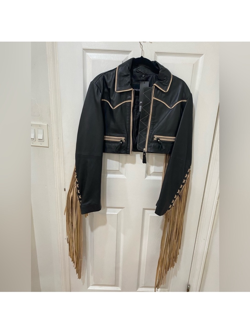 Nasty Gal - Black Leather Cropped Jacket with Tan Fringe Trim